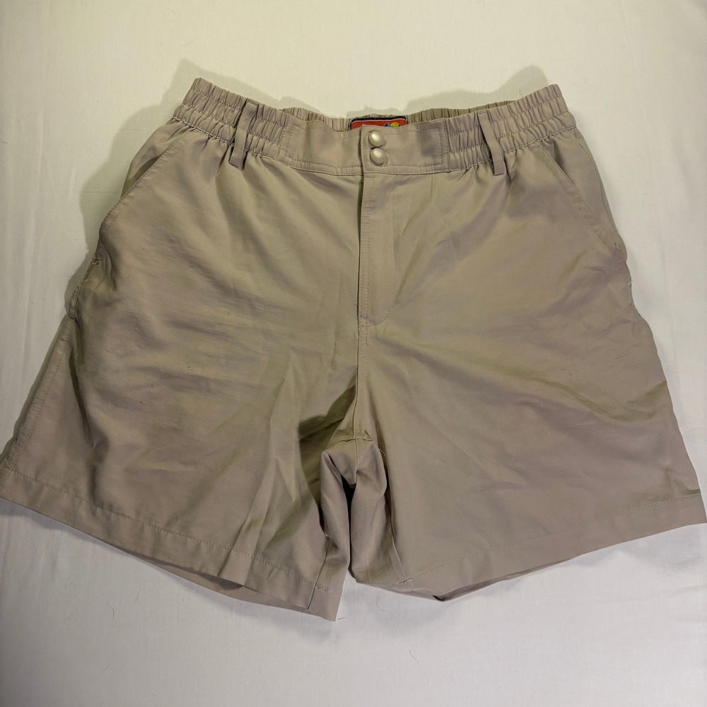Burlebo Mens Performance Shorts Khaki Tan Fish Pocket Lining Small 7 Inch Inseam